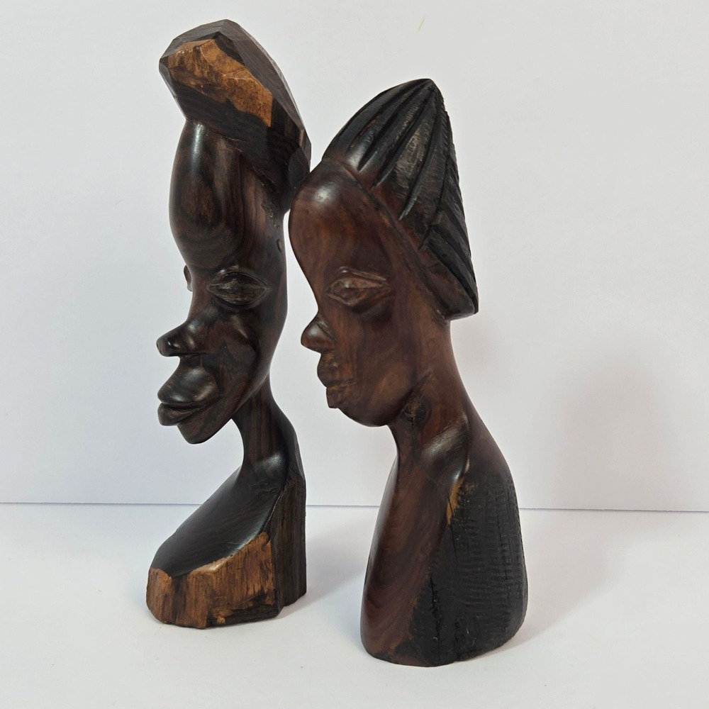 Vintage African Hand Carved Wooden Busts Male Female Couple Figures Set of 2